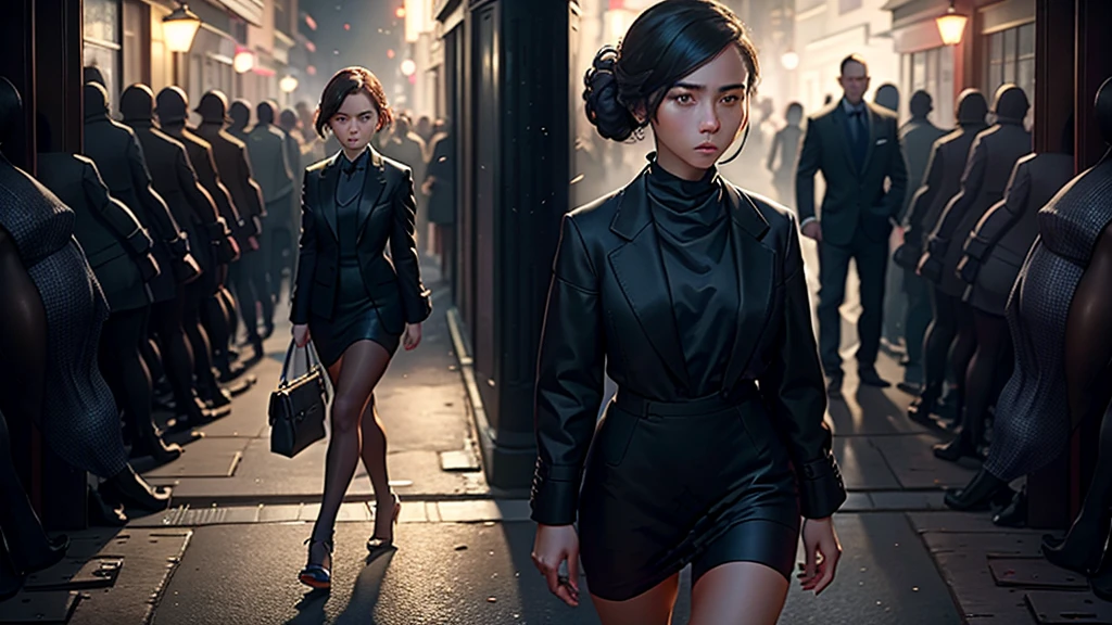 A young woman with a determined expression, dressed in modern and elegant clothes, walking through a busy city. In the background, the silhouette of an old house with shadows of family members looking enviously. The city should be illuminated with bright lights, highlighting the contrast between her dark past and her successful present.