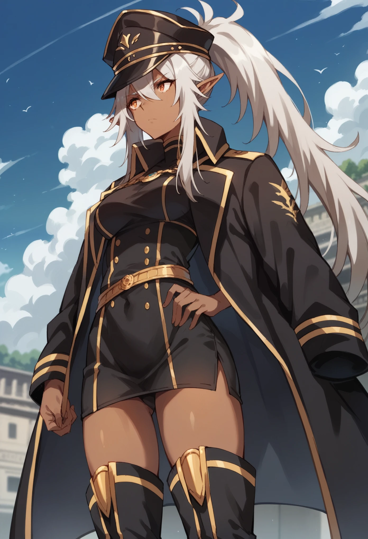 orange eyes,dark elf,grey hair,1lady,high ponytail, gold and black coat,jewelry,gold and black uniform,military hat,thigh boots,
