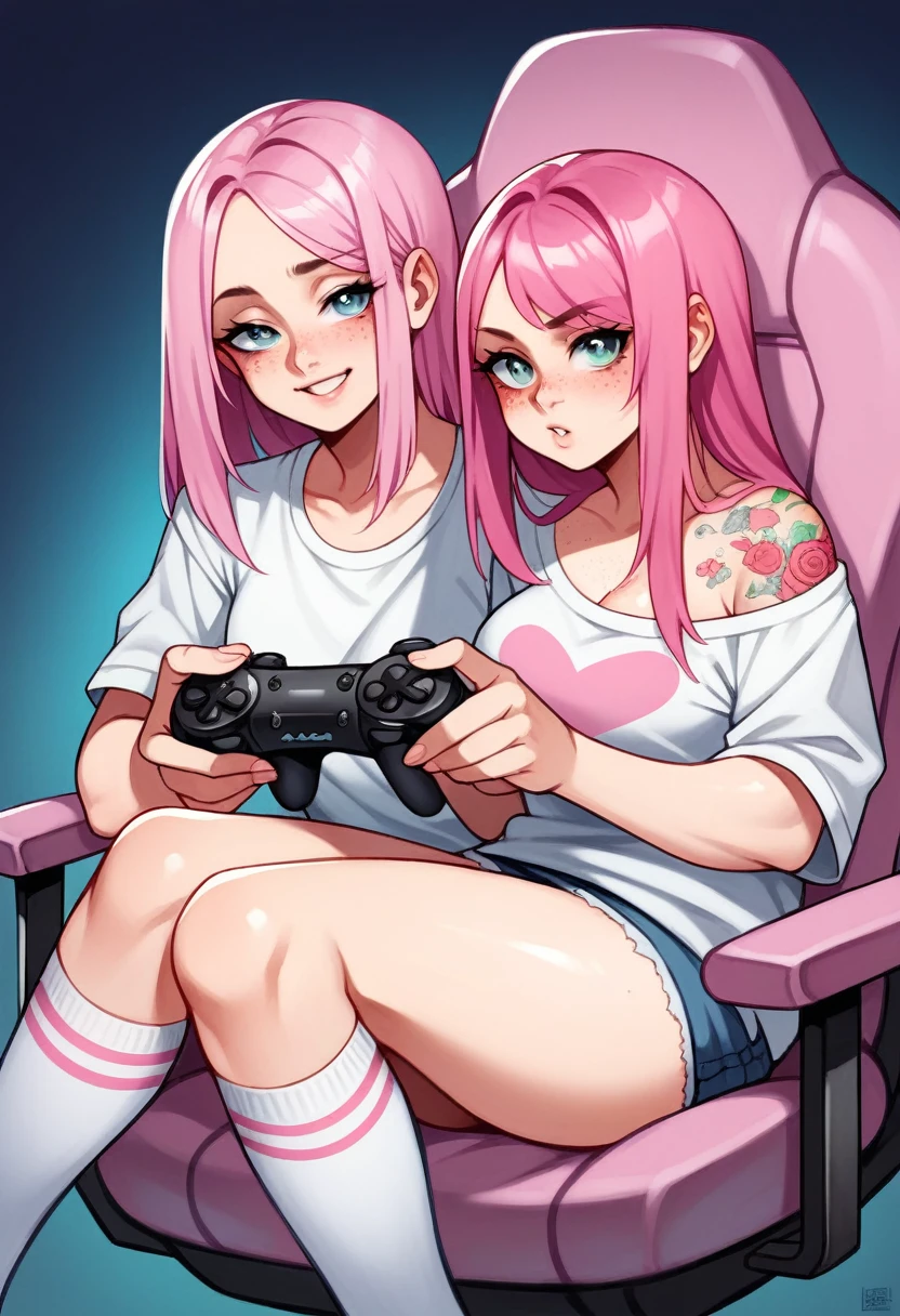 pink hair girl with freckles, pink blush and tattoos wearing knee-high socks and a short miniskirt, sitting in a pink gaming chair, holding a Xbox controller top quality picture, perfect symmetry, vibrant and clear, high level of detail and definition, 1200 PPI – Photographic resolution with greater central realism, Hyper-realistic and cinematic high-fidelity 16K UHD image resolution.