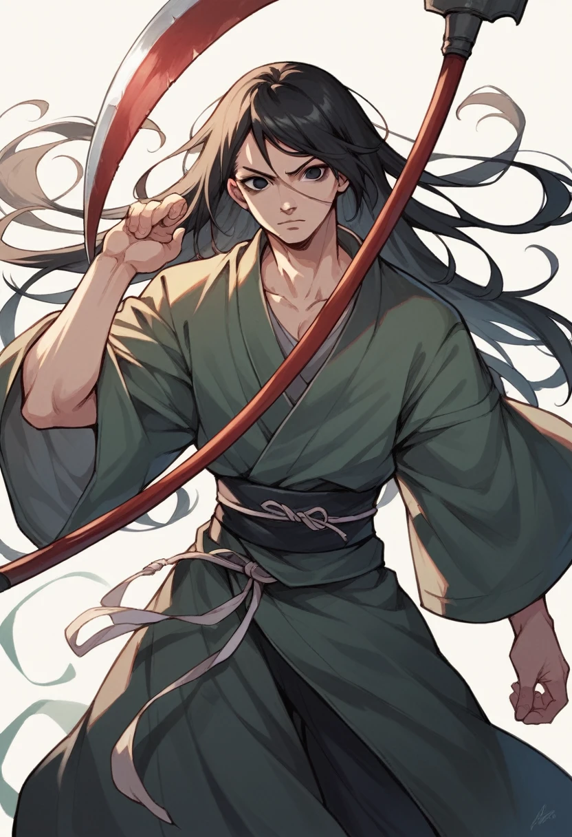 Anime girl with long black hair, black eyes an clam expression with a scythe. In the Naruto universe