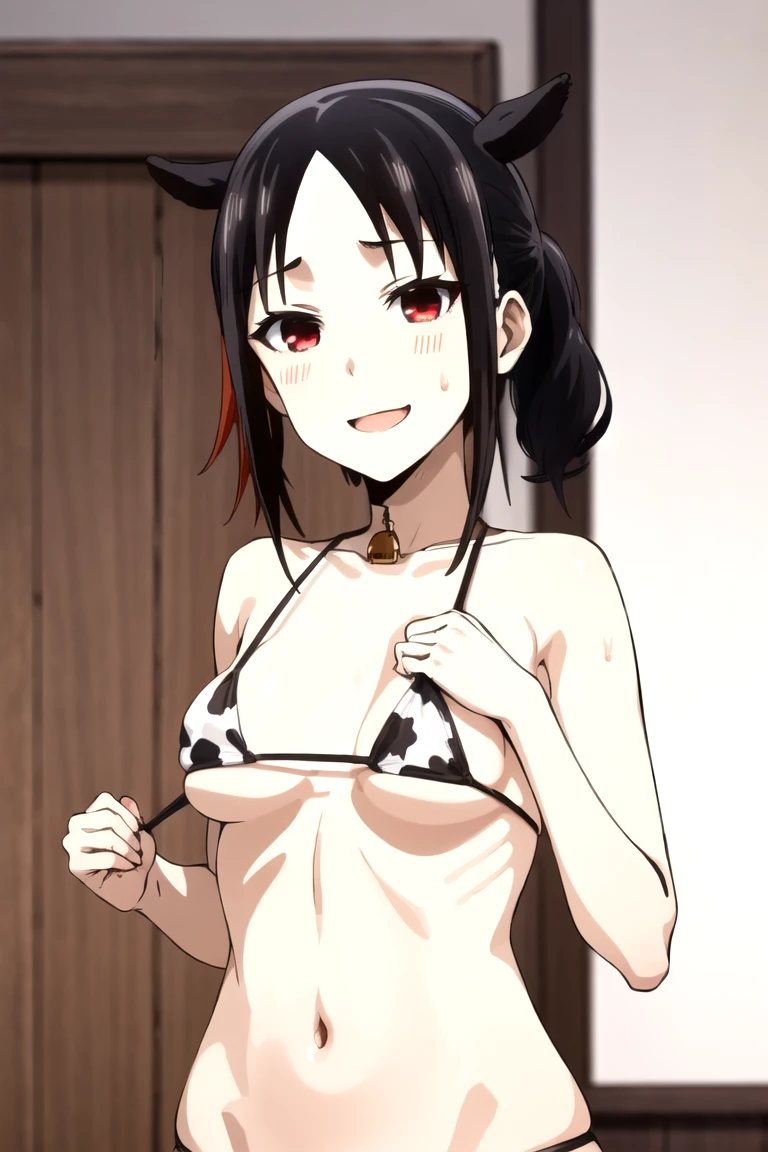 Shinomiya Kaguya, Shinomiyakaguya, Red eyes, small breasts, list brook, black fur, Red eyes, cow micro bikini, cow print, excited, SMILE, sweaty body, sweating, grabbing her breasts, showing off her breasts 