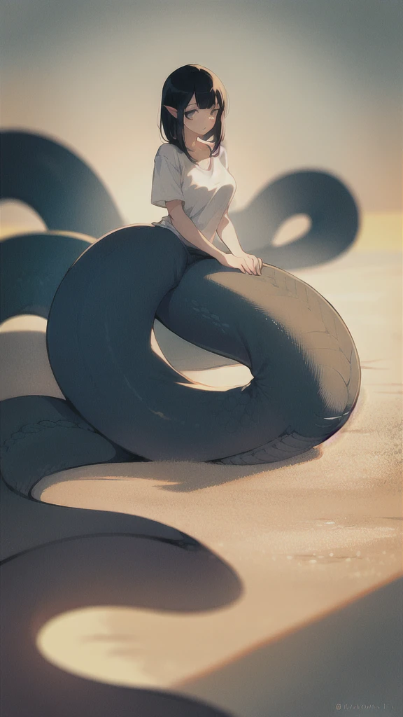 One girl, Lamia, scale, White shirt, whole body, original character, Volumetric lighting, Best Shadow, Shallow depth of field, Stunningly beautiful girl, , Delicate, beautiful and attractive face