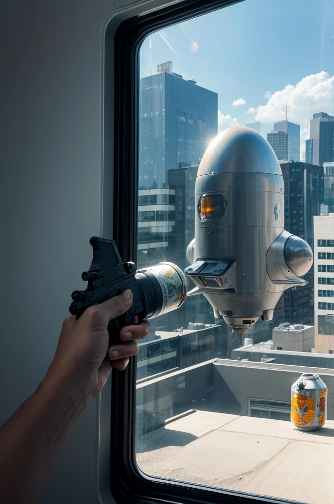 Spaceship with an alien holding a pistol in the window abducting a can of tonic 