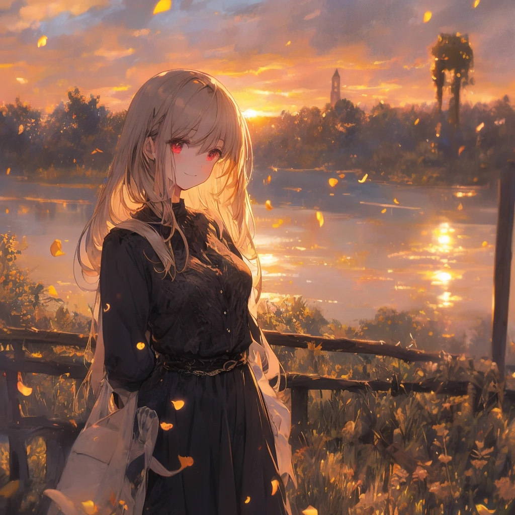 art by Cornflower,(masterpiece:1.2),(4k anime),high quality,(perfect ),(Accurate fingers),(1 girl),black long hair,beautiful detailed red eyes,a shy smile,In the fantastic beauty of the sunset backlight,red cute clothing,Bokeh, A gentle light spreads over the tranquil surroundings,overlooking the portThe background is soft and blurry,Add a dramatic and symbolic element to your scene, The petals are soft, Magical colors and atmosphere