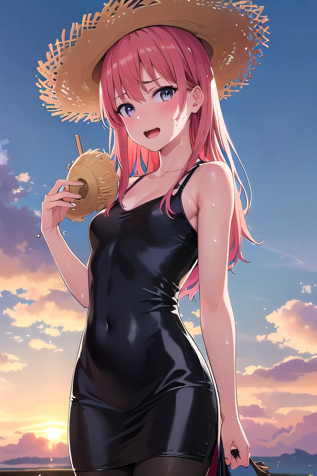 (8K, top-quality, masterpiece:1.2), (reallistic, Photorealsitic:1.37), Super Detail, One girl,), (Highly detailed), (beautifully detailed eyes), (of the highest quality), (super detailed ), (masterpiece), (Detailed face),20yr old, ,1 girl, ((pink hair,long hair)), medium breasts, clothed, Perfect Lighting, BREAK, (black glossy tight dress:1.5), (long skirt:1.3), (embroidered hem:1.2), (Black high-gloss tights: 1.3), (white sandals:1.2), (straw hat:1.5), (white ribbon:1.3), (summer:1.4), (lightweight fabric:1.2), BRAKE, (upper body to thighs:1.2), (long pink hair:1.3), (gentle smile:1.2), (face slightly up:1.2), (holding a straw hat:1.2), (summer sky with cumulus clouds:1.4), (backlit:1.2), BRAKE (sweat:1.5), (steam:1.2), (girl trembling with sexual climax:1.1), (looking at viewer:1.3), (open mouth:1.2),