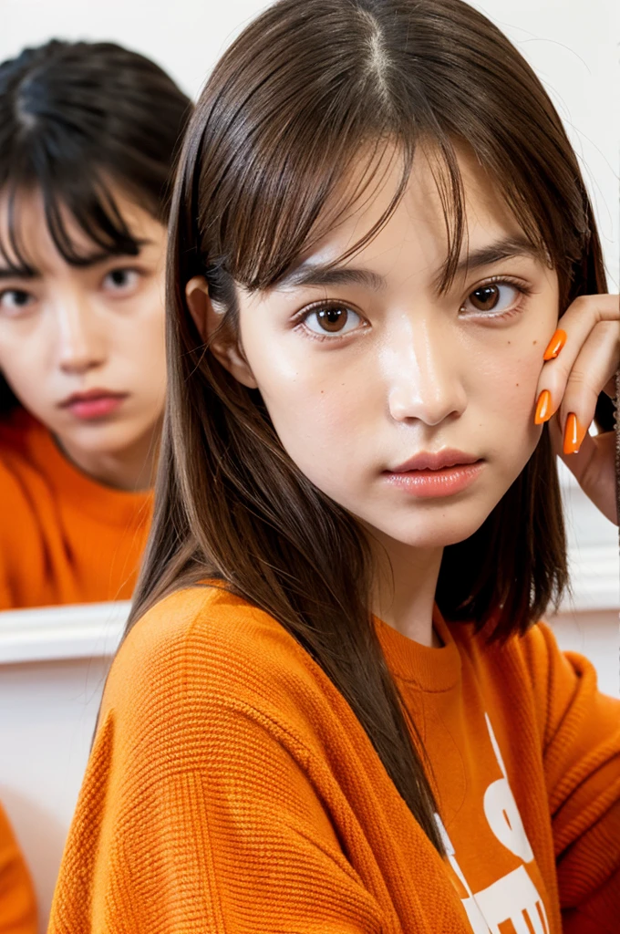 the same woman, but with orange clothes and honey-colored eyes