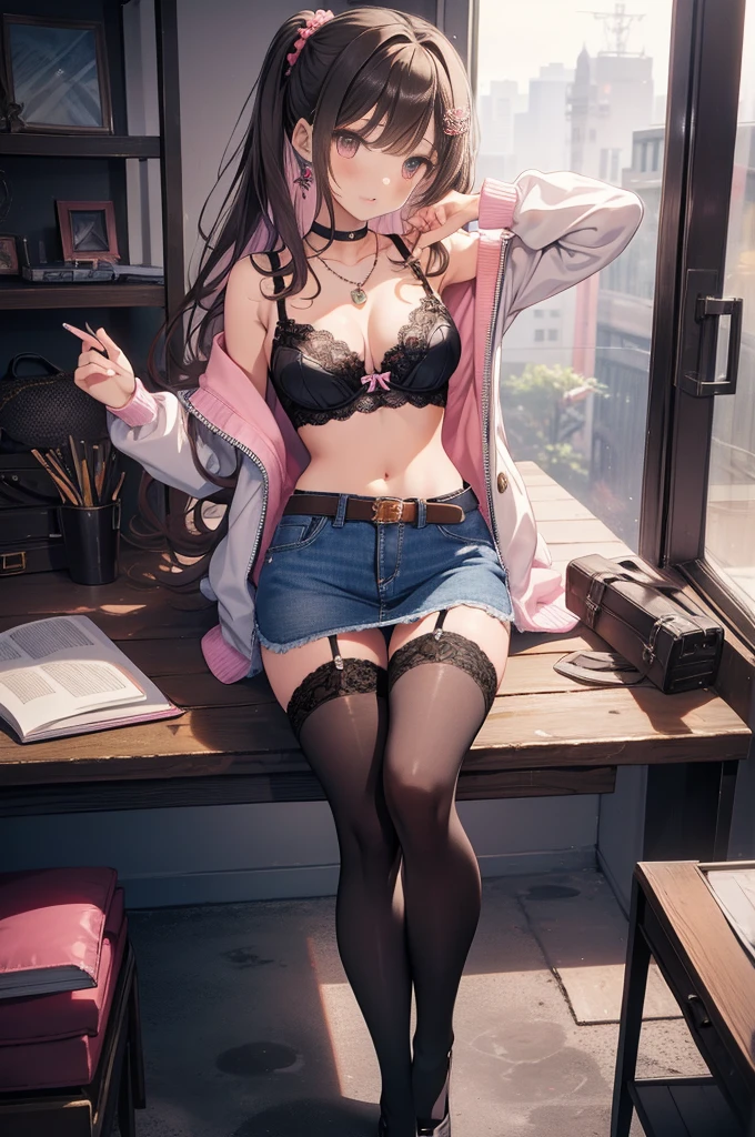 masterpiece, Highest quality, pretty girl, 12,Gal,Scrunchie hair ornament, denim pencil mini skirt, pantyhose, Leg belt, necklace, skinny , Pink and black bra,((showing off lace panties)),aquarium