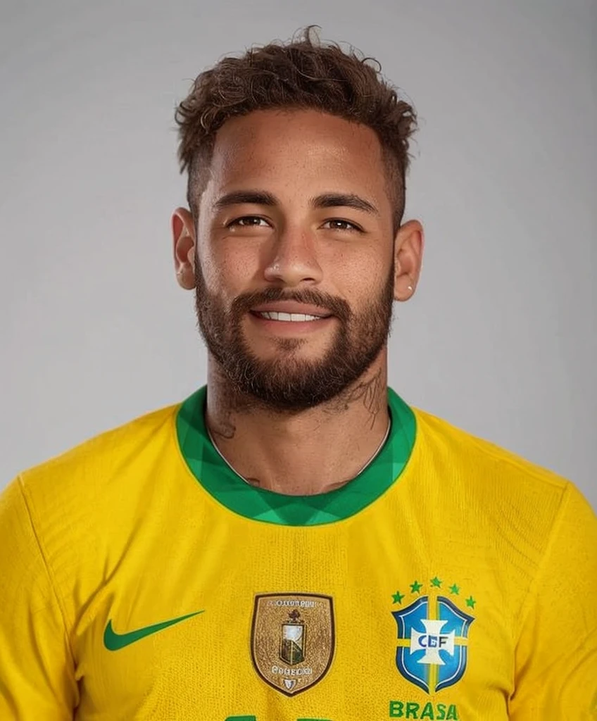 smiling man, with a straight beard, Brazilian football uniform, with a football field in the background