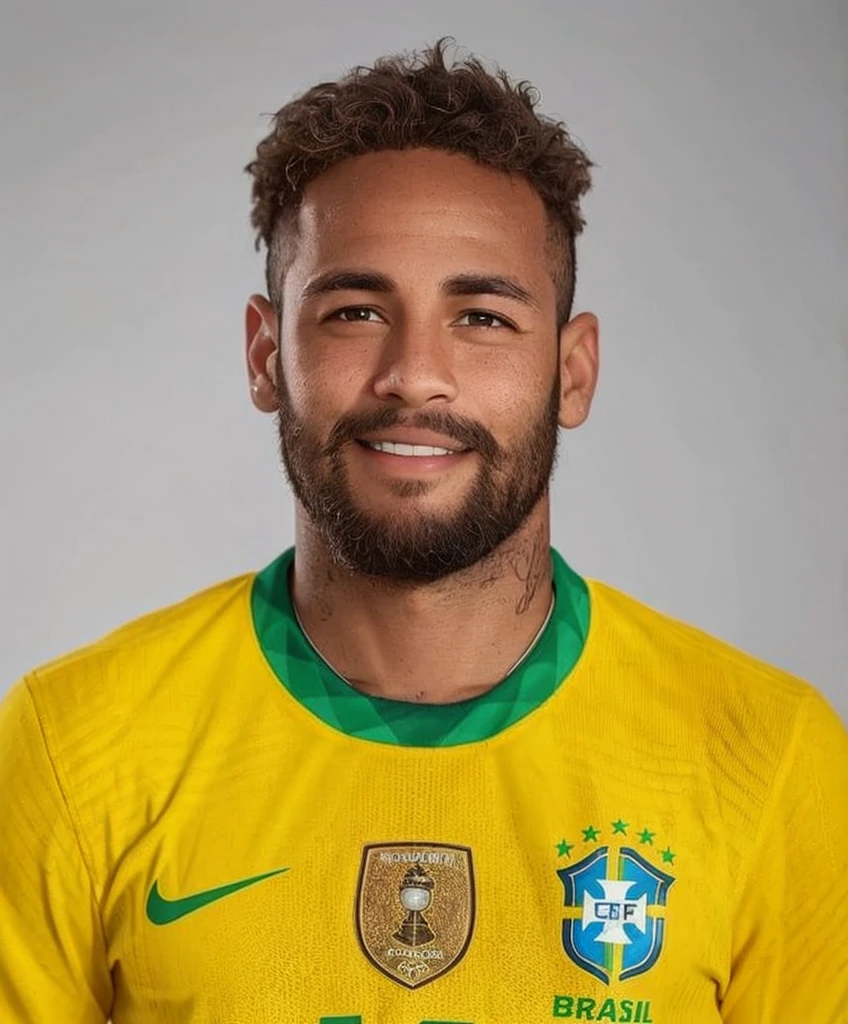 smiling man, with a straight beard, Brazilian football uniform, with a football field in the background