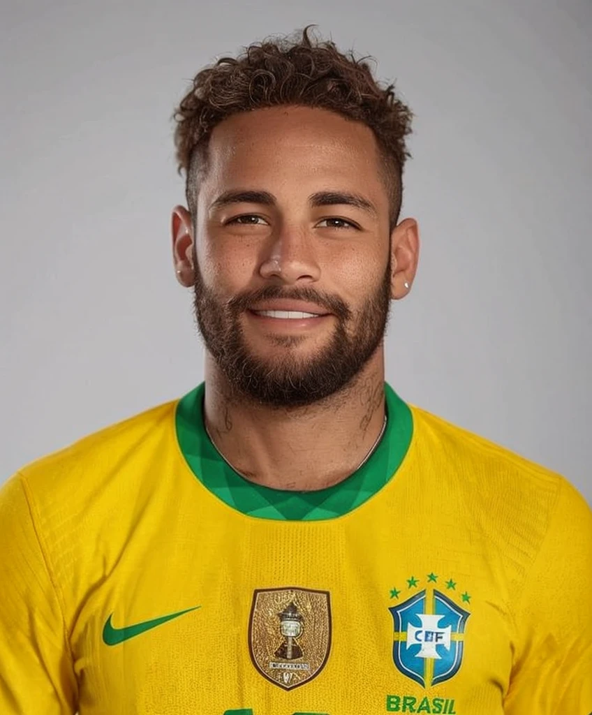 
smiling man, with a straight beard, Brazilian football uniform, with a football field in the background