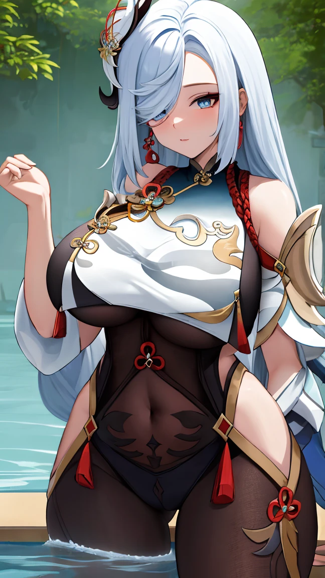 Masterpiece, high quality, shenhe \(genshin impact\), genshin impact, big breasts, busty, sexy, wide hips, white hair, blue eyes, hair ornament, long hair, breast curtains, bodystocking, hip vent, outdoor, wet, shenhev4, thick thighs