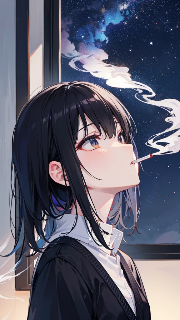 Smoking a cigarette by the window、Looking up at the night sky、Black Hair