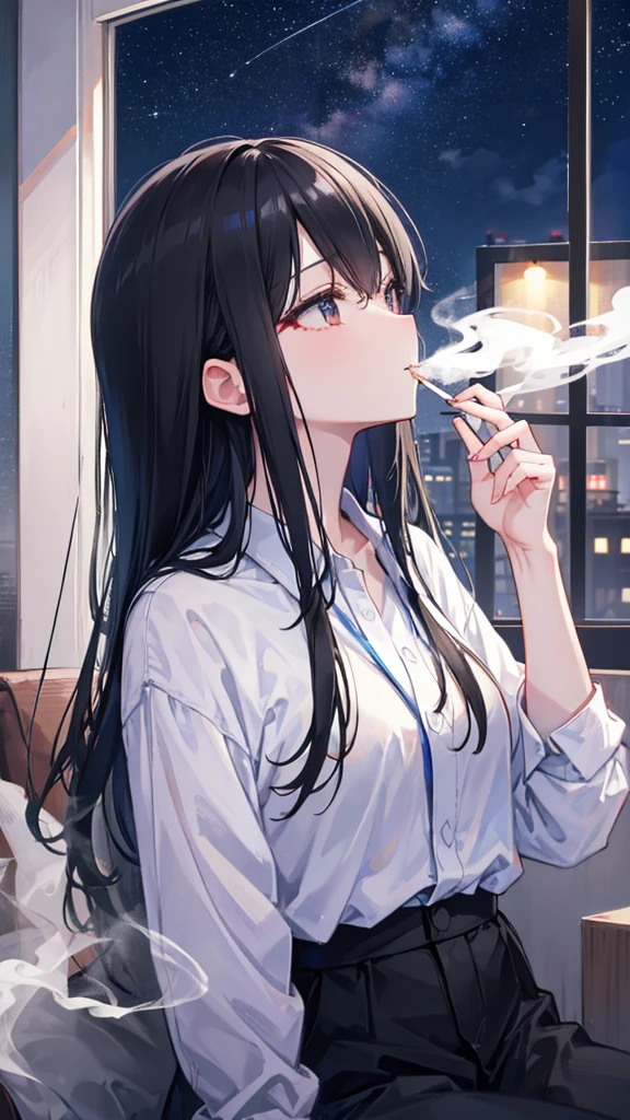 Smoking a cigarette by the window、Looking up at the night sky、Black Hair
