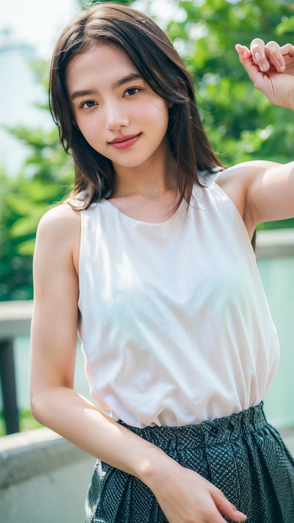The sparkle in your eyes、Natural brightness and deep meaning。If you're laughing、eye, With a smile, Expressing satisfaction or joy.。eye尻に小さなしわが現れる。
Expression of the mouth、When you laugh, The corners of the mouth turn up、A natural smile with some gums showing。Lips have a natural color、emitting a soft glow。
Eyebrow shape and angle、Stand up with a smile、Create a slight arch。Brow wrinkles、Becoming lighter to express joy and happiness。
Pose Details:
The pose is natural,、Charm、Designed to impress your audience。Confident posture、Chest tension、Shoulders are relaxed。
body is facing the camera.、Standing at a slight angle。Put one foot in front of the other、body'The center of gravity is stable。
The hand pose is soft、Draw natural curves。Place one hand lightly on your hip.、The other hand is stretched out to the side、Fingertips slightly open。
Clothing and hairstyle details:
Tank top fabric、Swaying gently in the wind、Beautifully enhances the body line。Texture and transparency of the fabric、Changes with light reflection。
Her hair is naturally wavy.、It's swaying in the wind。Highlights and shadows accentuate the texture of the hair.、You can see the beautiful shiny hair。