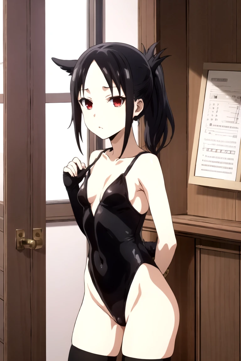 Shinomiya Kaguya, Shinomiyakaguya, Red eyes, small breasts, list brook, black fur, Red eyes, Transparent leotard, Transparent leotard, transparent leotard 