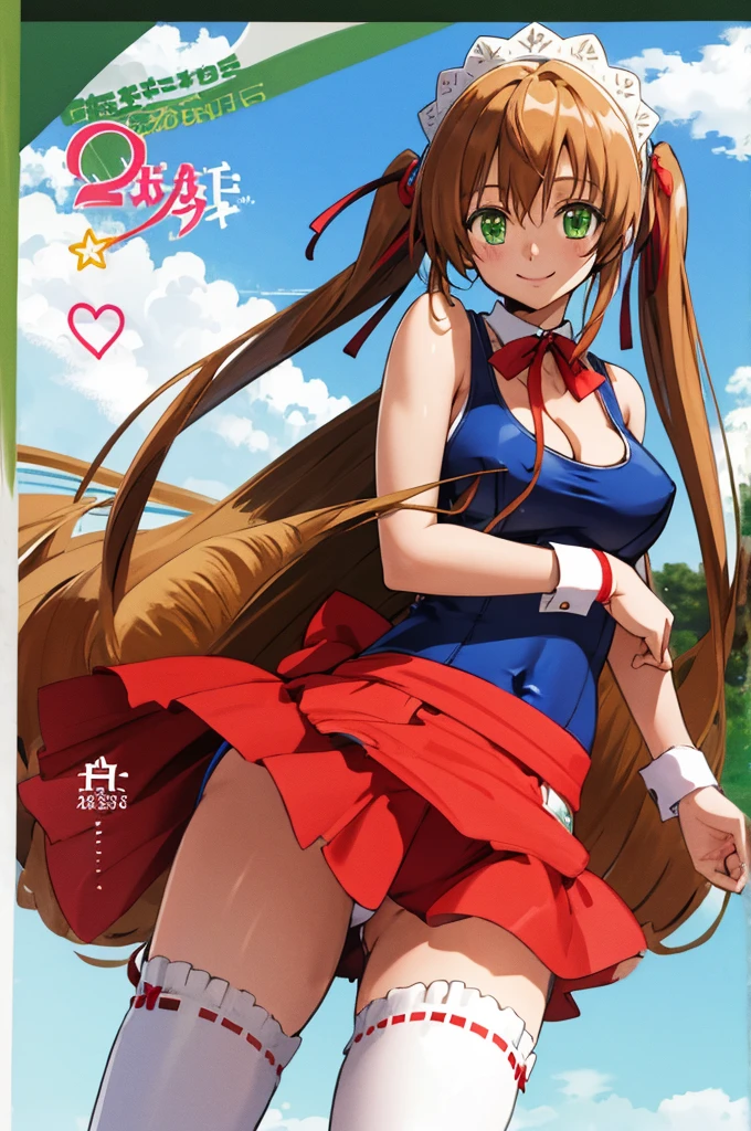 masterpiece, best quality, highres, hmshir, long hair, green eyes, twintails, thighhighs, one-piece swimsuit, school swimsuit, cleavage, swimsuit under clothes, ribbon, maid, maid headdress, cowboy shot, outdoors, standing,smile