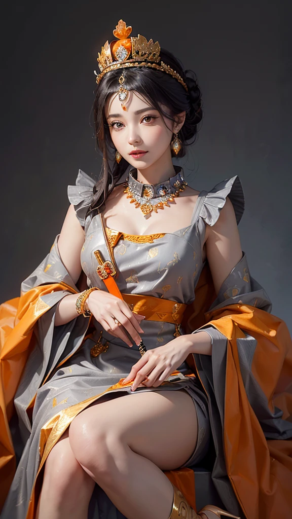 (P.O.V)long shot,beautiful smiling queen,hand holding a ((grey scepter)) decorated with carvings and ((orange jewels)), wearing a necklace decorated with ((orange jewels)),((black hair in a bun)) decorated with ((orange jewels)), wearing a ((grey crown)),((wearing grey long queen clothes with a ((very high and wide turn up collar)) decorated with gold)),((wearing high heels)) decorated with ((orange jewels)),sitting on a royal throne full of carvings,((grey ancient palace background)), medium breasts,realistic 4D photography,UHD 32k,bottom view,zoom out view,sharp resolution,ultra detailed.