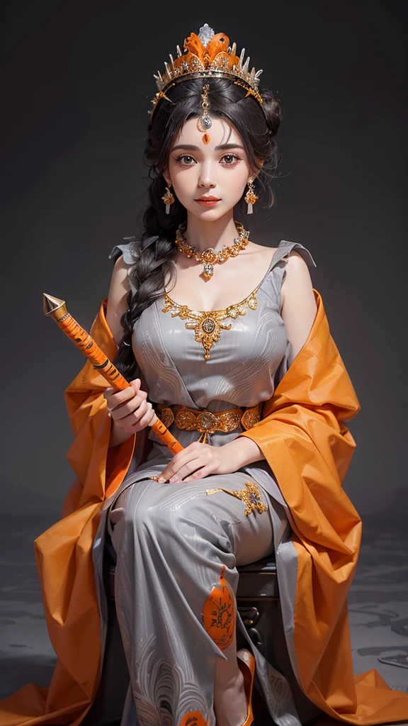(P.O.V)long shot,beautiful smiling queen,hand holding a ((grey scepter)) decorated with carvings and ((orange jewels)), wearing a necklace decorated with ((orange jewels)),((black hair in a bun)) decorated with ((orange jewels)), wearing a ((grey crown)),((wearing grey long queen clothes with a ((very high and wide turn up collar)) decorated with gold)),((wearing high heels)) decorated with ((orange jewels)),sitting on a royal throne full of carvings,((grey ancient palace background)), medium breasts,realistic 4D photography,UHD 32k,bottom view,zoom out view,sharp resolution,ultra detailed.