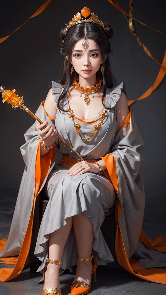 (P.O.V)long shot,beautiful smiling queen,hand holding a ((grey scepter)) decorated with carvings and ((orange jewels)), wearing a necklace decorated with ((orange jewels)),((black hair in a bun)) decorated with ((orange jewels)), wearing a ((grey crown)),((wearing grey long queen clothes with a ((very high and wide turn up collar)) decorated with gold)),((wearing high heels)) decorated with ((orange jewels)),sitting on a royal throne full of carvings,((grey ancient palace background)), medium breasts,realistic 4D photography,UHD 32k,bottom view,zoom out view,sharp resolution,ultra detailed.