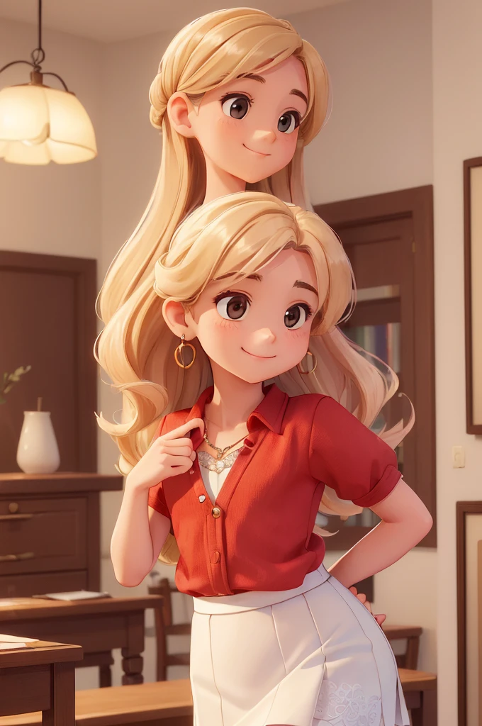 (a small chest:1.3),(work of art, best qualityer:1.4), (comely, Aesthetics, perfect, dainty, intricate:1.2),((best qualityer)), ((work of art)), (detailded),(A high resolution:1.2), class room, An adult female, Cláudia Chever smiling, Red shirt, white skirt, cups, Bend, viewing angle,