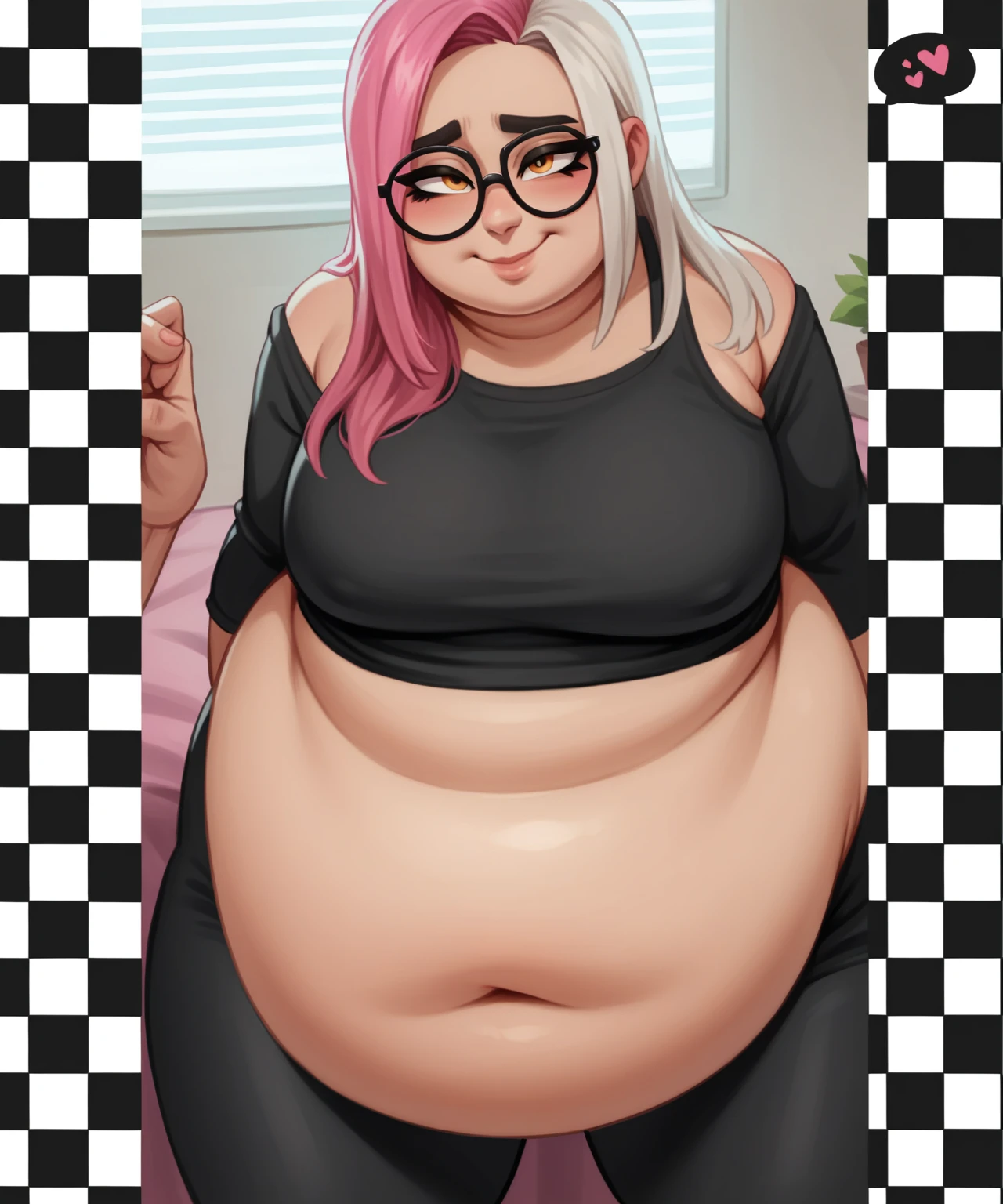 Sunkissed skin all over, Thicc, extremely morbidly obese, pink and white hair, ((wearing)), black 50s glasses, white tanktop, black leggings, voluptuous, feminine boy, femboy, perfect hands, perfect face, smile, (anatomically correct), (Perfect/ realistic proportions:1.2), (overwhelmingly fat arms, obese face), arm up, ((extremely widest hips possible!)), ((extremely massive thick thighs, morbidly large belly), belly overhang!)), (1080P, 4k UHD, Masterpiece:2.1!) ((single)), background: tilted towers_fortnite