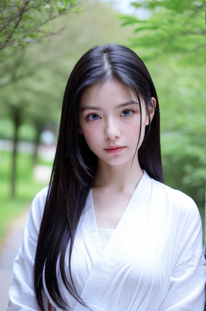A woman in a white hanfu, blue eyes and long black hair
