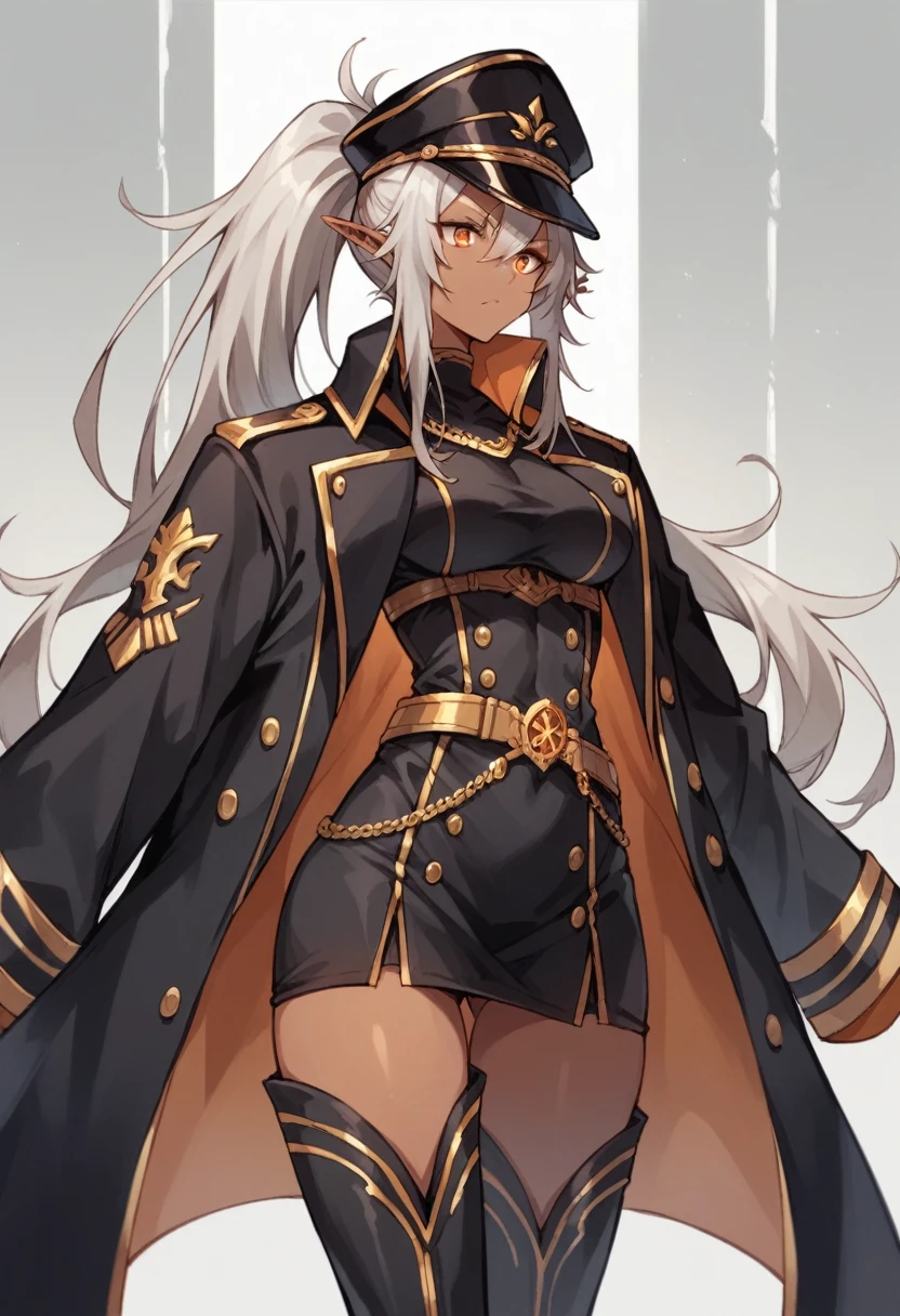 orange eyes,dark elf,grey hair,1lady,high ponytail, gold and black coat,jewelry,gold and black uniform,military hat,thigh boots,
