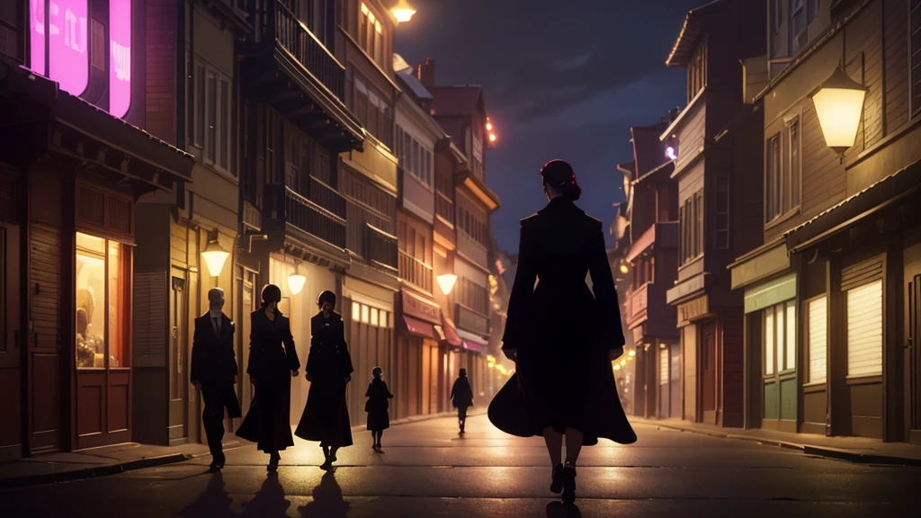 A young woman with a determined expression, dressed in modern and elegant clothes, walking through a busy city. In the background, the silhouette of an old house with shadows of family members looking enviously. The city should be illuminated with bright lights, highlighting the contrast between her dark past and her successful present.