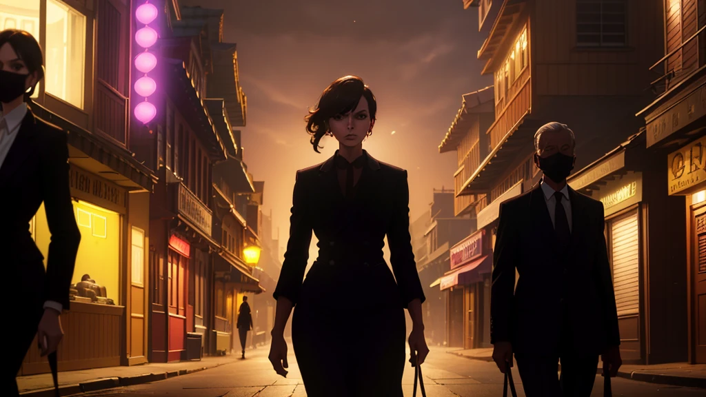 A young woman with a determined expression, dressed in modern and elegant clothes, walking through a busy city. In the background, the silhouette of an old house with shadows of family members looking enviously. The city should be illuminated with bright lights, highlighting the contrast between her dark past and her successful present.