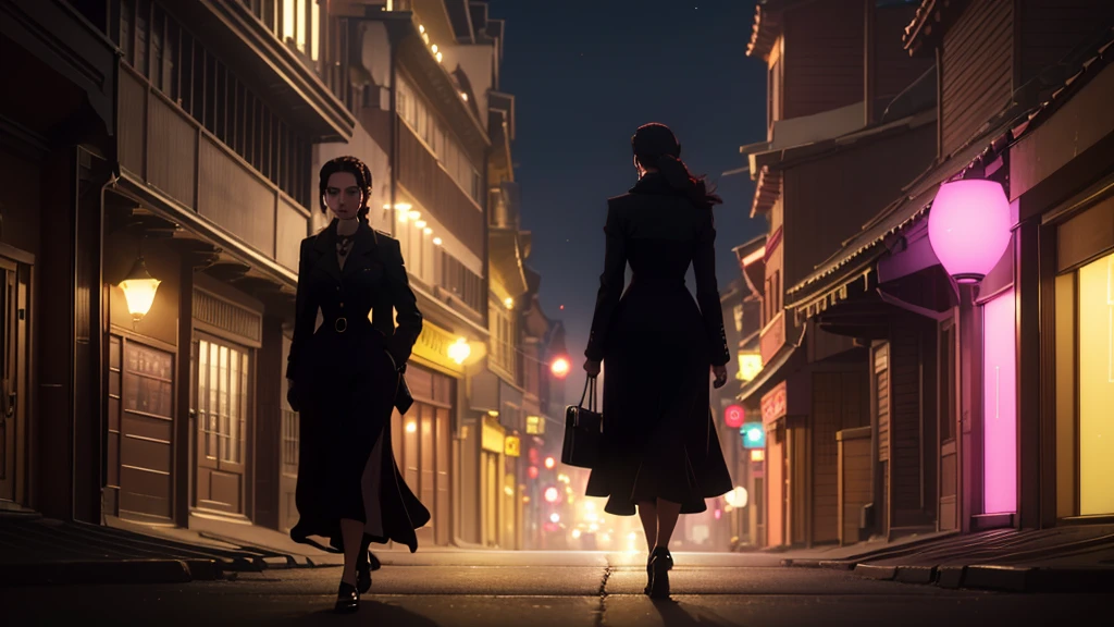 A young woman with a determined expression, dressed in modern and elegant clothes, walking through a busy city. In the background, the silhouette of an old house with shadows of family members looking enviously. The city should be illuminated with bright lights, highlighting the contrast between her dark past and her successful present.