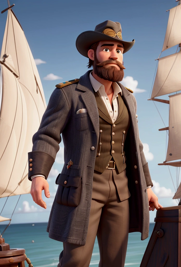 Hunter, grown-up, strong bodie, nobleman&#39;s beard, riffle, naval captain clothes (caribbean), black hat with white feathers. 
