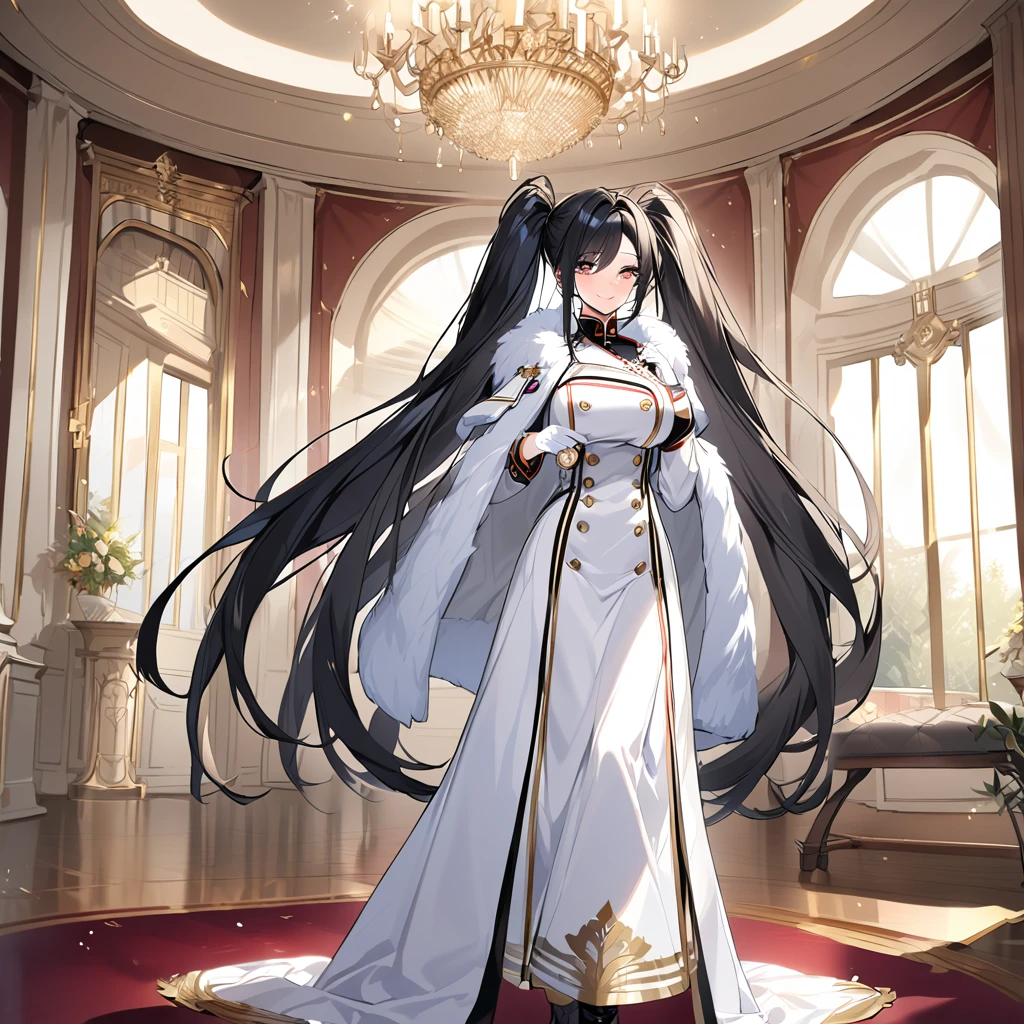 A woman wearing a white military uniform with gold details, a long white military skirt, black boots, wearing a white fur cape, holding a pocket watch, a large shiny golden watch with Roman numerals, white gloves, black hair, long hair, twintails, burgundy eyes, smiling, big breasts, postured standing, in a luxury German room