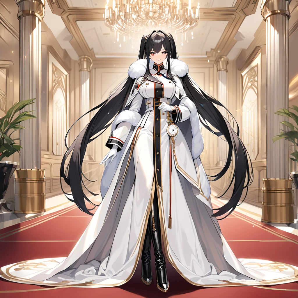 A woman wearing a white military uniform with gold details, a long white military skirt, black boots, wearing a white fur cape, holding a pocket watch, a large shiny golden watch with Roman numerals, white gloves, black hair, long hair, twintails, burgundy eyes, smiling, big breasts, postured standing, in a luxury German room
