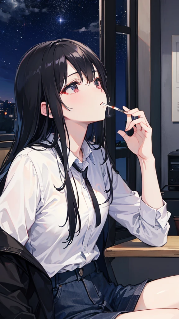 Smoking a cigarette by the window、Looking up at the night sky、Black Hair