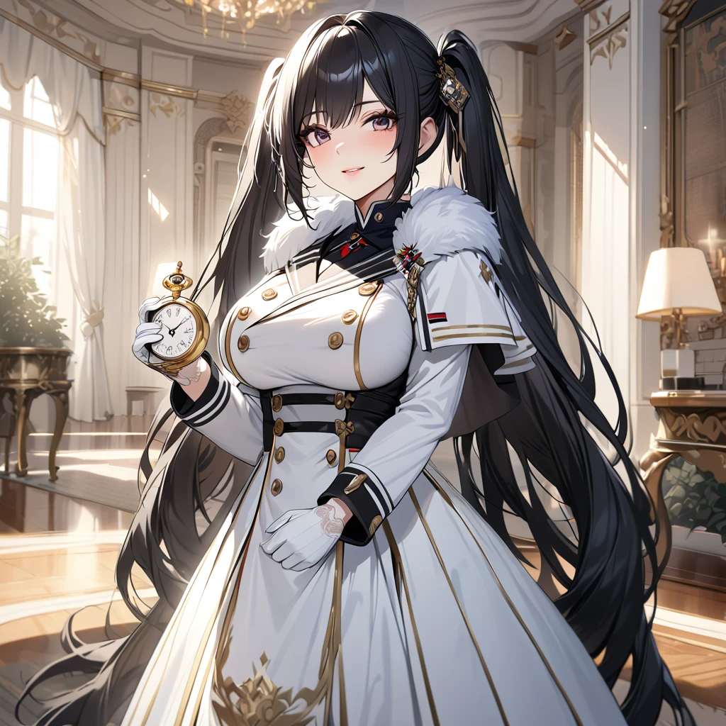 A woman wearing a white military uniform with gold details, a long white military skirt, black boots, wearing a white fur cape, holding a pocket watch, a large shiny golden watch with Roman numerals, white gloves, black hair, long hair, twintails, burgundy eyes, smiling, big breasts, postured standing, in a luxury German room,,UHD , prime work , accurate , anatomically correct , textured skin , super details , high quality , best quality, 8k, high resolution, bokeh effect. (woman alone), close view. realistic
