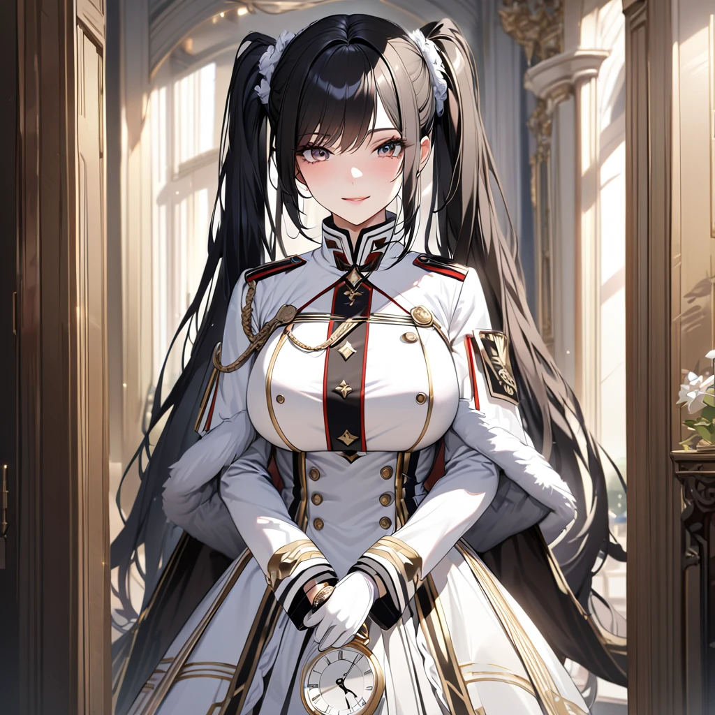 A woman wearing a white military uniform with gold details, a long white military skirt, black boots, wearing a white fur cape, holding a pocket watch, a large shiny golden watch with Roman numerals, white gloves, black hair, long hair, twintails, burgundy eyes, smiling, big breasts, postured standing, in a luxury German room,,UHD , prime work , accurate , anatomically correct , textured skin , super details , high quality , best quality, 8k, high resolution, bokeh effect. (woman alone), close view. realistic
