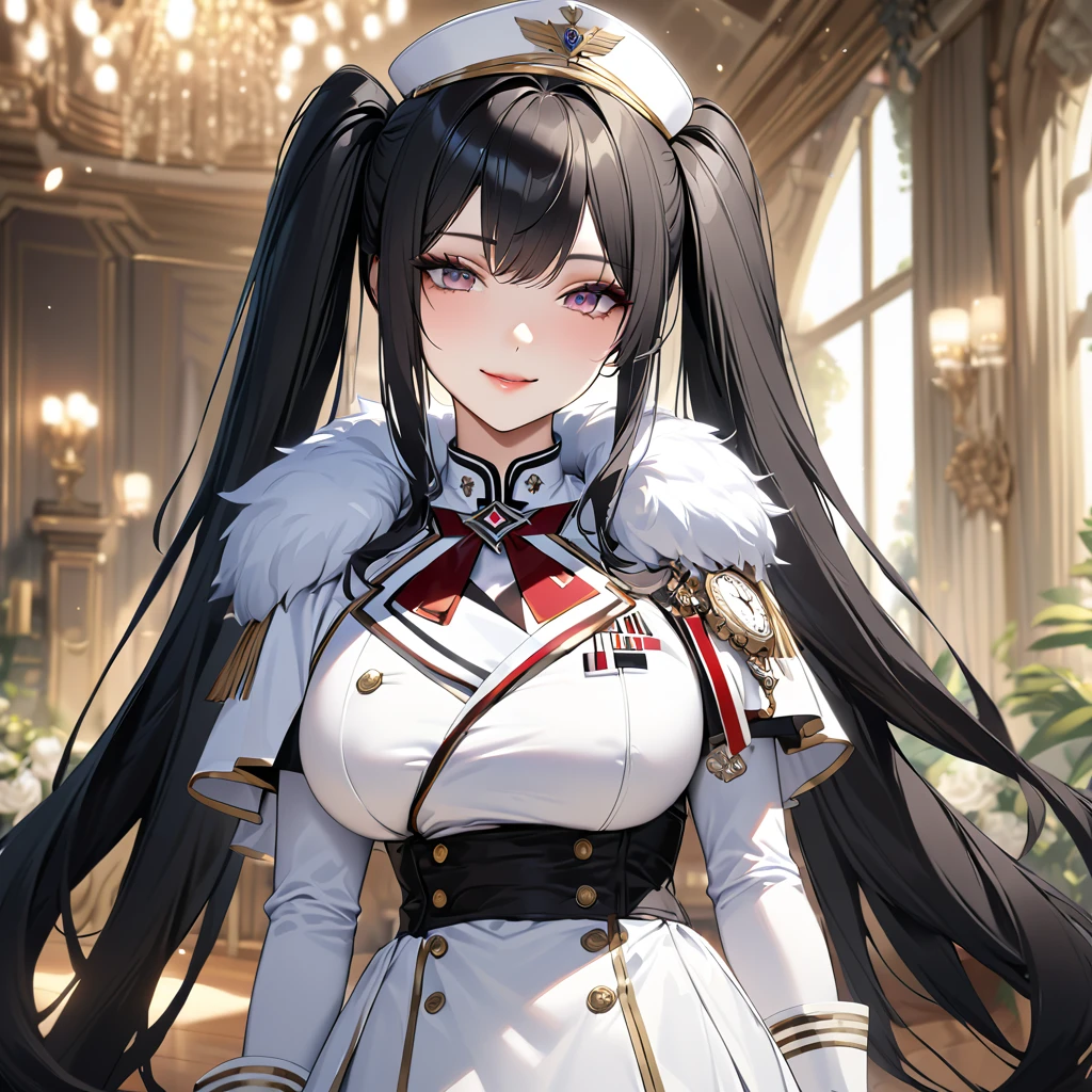 A woman wearing a white military uniform with gold details, a long white military skirt, black boots, wearing a white fur cape, holding a pocket watch, a large shiny golden watch with Roman numerals, white gloves, black hair, long hair, twintails, burgundy eyes, smiling, big breasts, postured standing, in a luxury German room,,UHD , prime work , accurate , anatomically correct , textured skin , super details , high quality , best quality, 8k, high resolution, bokeh effect. (woman alone), close view. realistic
