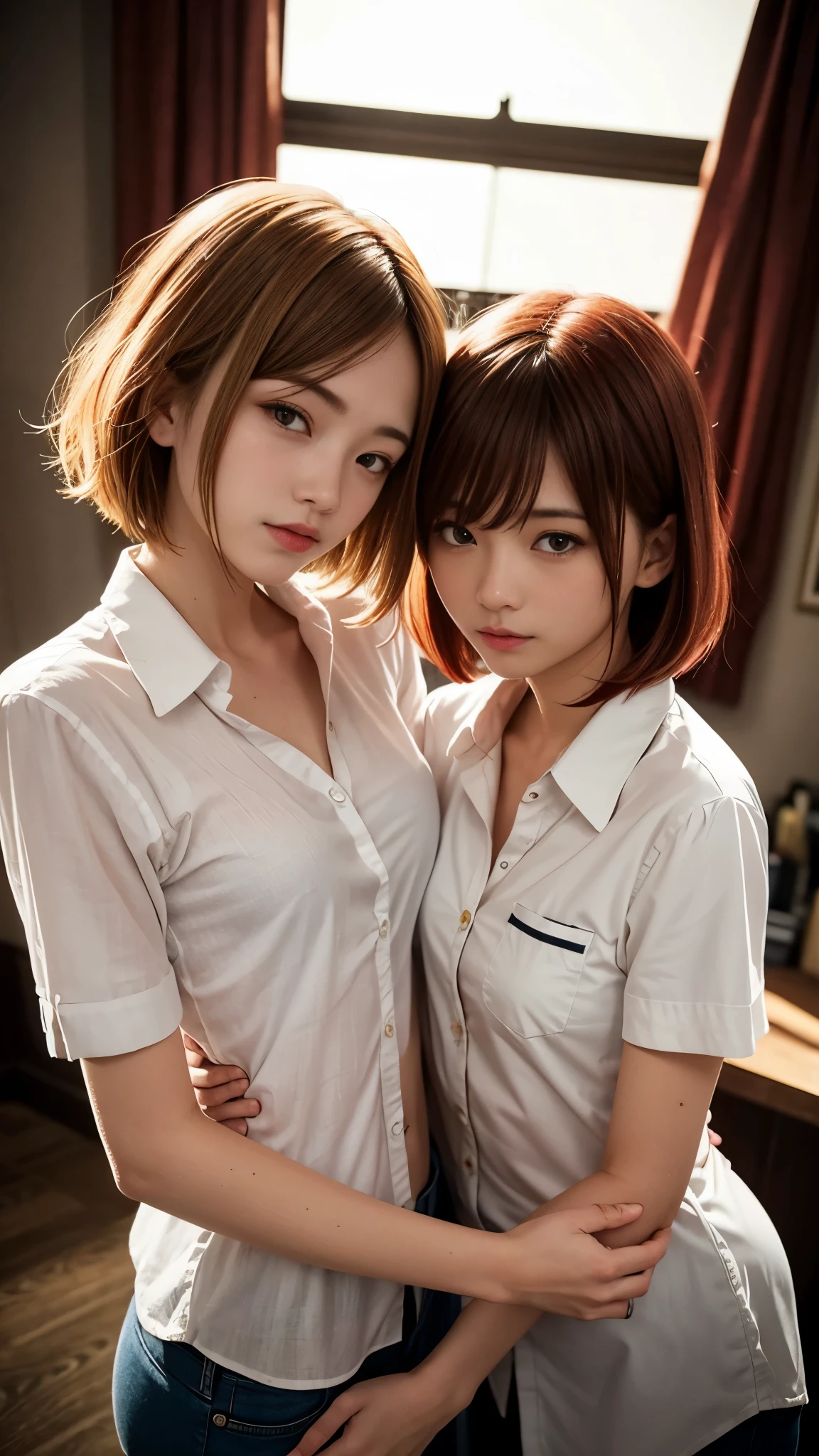 (Natural strawberry blonde and redhead girls with pretty faces), Cute pose, wearing a button shirt,  body, skinny, Atmospheric, Dark atmosphere, Edge lighting, Sayaka Yamamoto, Saito Asuka, Mao Akiyama&#39;s facial features, 8K, Full body portrait, Elegant outfit, Natural light, Spooky greenhouse at night, Sharp focus, (Highly detailed eyes and face, Professional photography techniques), (Beautiful small face, beautiful girl, high school student, Idol Face, Baby Face:1.4), smile, Happy, K UHD, Hmph, Beautiful and soft skin, Vibrant Skin, blush, (Chirarizum:1.3, Unbutton your shirt:1.3), (Beautiful breasts, Cleavage), (Small beautiful butt), (Detailed hands:1.1, The optimal ratio is four fingers to one thumb), Perfect proportions, (Perfect Anatomy:1.3), (Highest quality, Masterpiece, Highest quality, Ultra high definition, Photorealism:1.4), ((Touching each other&#39;s breasts))