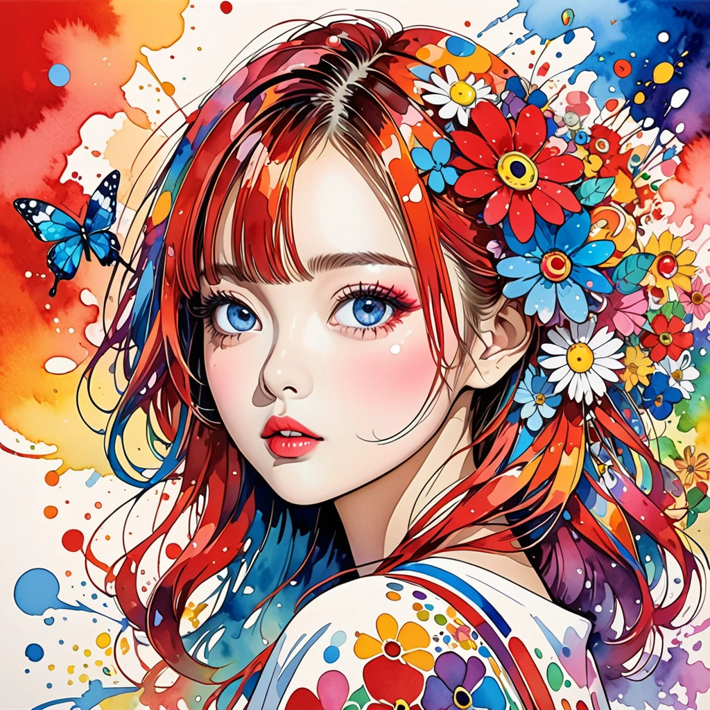Takashi Murakami Style、(((stylish fashion))), 8K Quality、Intense watercolor, Detailed watercolor art, Watercolor splash, Surreal, avant-garde pop art, Beautiful and expressive paintings, Beautiful artwork illustration, Very colorful tones, wonderful, Cool beauty, highest quality、Official Art, Vector art, Stylish design, (((The most beautiful girl))), (((highest quality))), HDR, ((detailed)), (((Doodle Art)), ((masterpiece)), ((Super detailed)), (((Colorful flowers))),(((Stylish))), Simple line initials,Abstract art,Urban Background, Colorful Hearts ,(((The most beautiful girl of all time))), Girl、red hair、Butterfly、Hanafuda