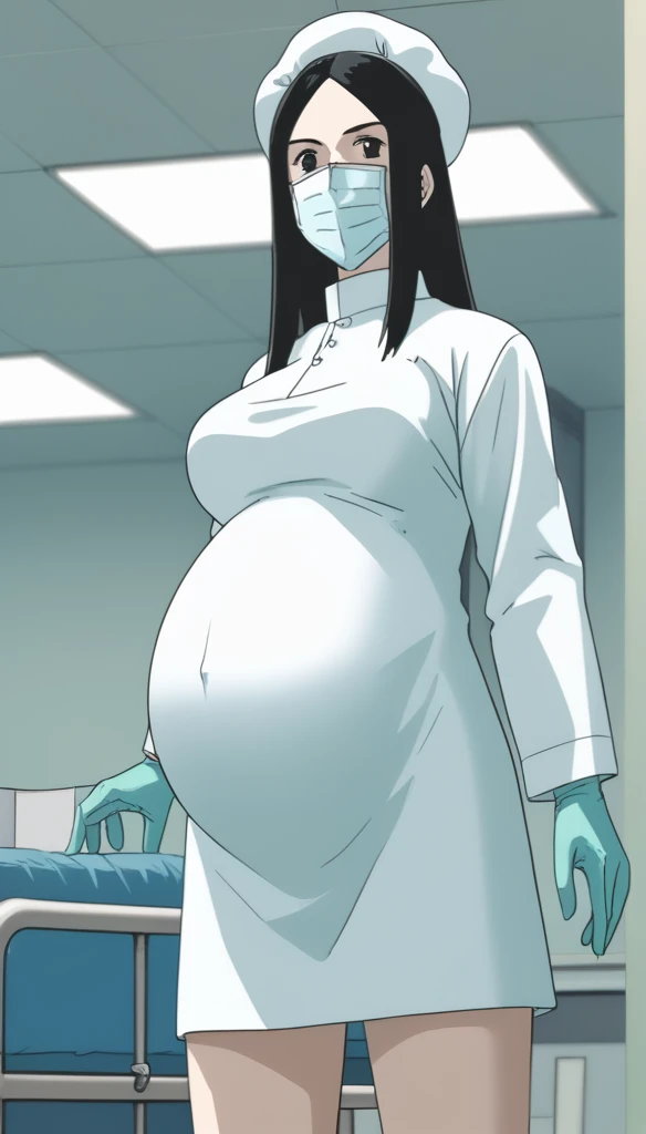score_9, score_8_up, score_7_up, source_anime, raw image, masterpiece, highest quality, kasuganoray, pale skin, her eyes are happy, long black hair, big breasts, scrubs, surgical mask, bouffant cap, long sleeve maternity dress, put on another long sleeved coat, seamless, navel head, the dress isn't wrinkled, long white stockings,
1girl, pregnant, solo, long rubber gloves, looking down, furrowed brow, hospital bed, light shines from the ceiling, standing, patient room background, She is inquiring about the patient's condition