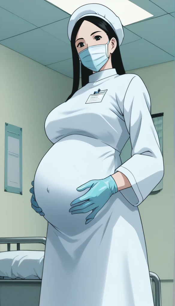 score_9,  score_8_up, score_7_up, source_anime, raw image, masterpiece, highest quality, kasuganoray, pale skin, her eyes are happy, long black hair, big breasts, scrubs, surgical mask, bouffant cap, long sleeve maternity dress, put on another long sleeved coat, seamless, navel head, the dress isn't wrinkled, long white stockings,
1girl, pregnant, solo, long rubber gloves, looking down, furrowed brow, hospital bed, light shines from the ceiling, standing, patient room background, She is inquiring about the patient's condition