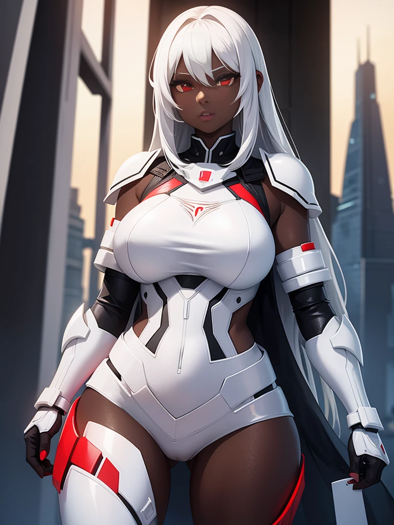 girl, With big breasts, with futuristic white armor, Red eyes, for white, dark ebony skin