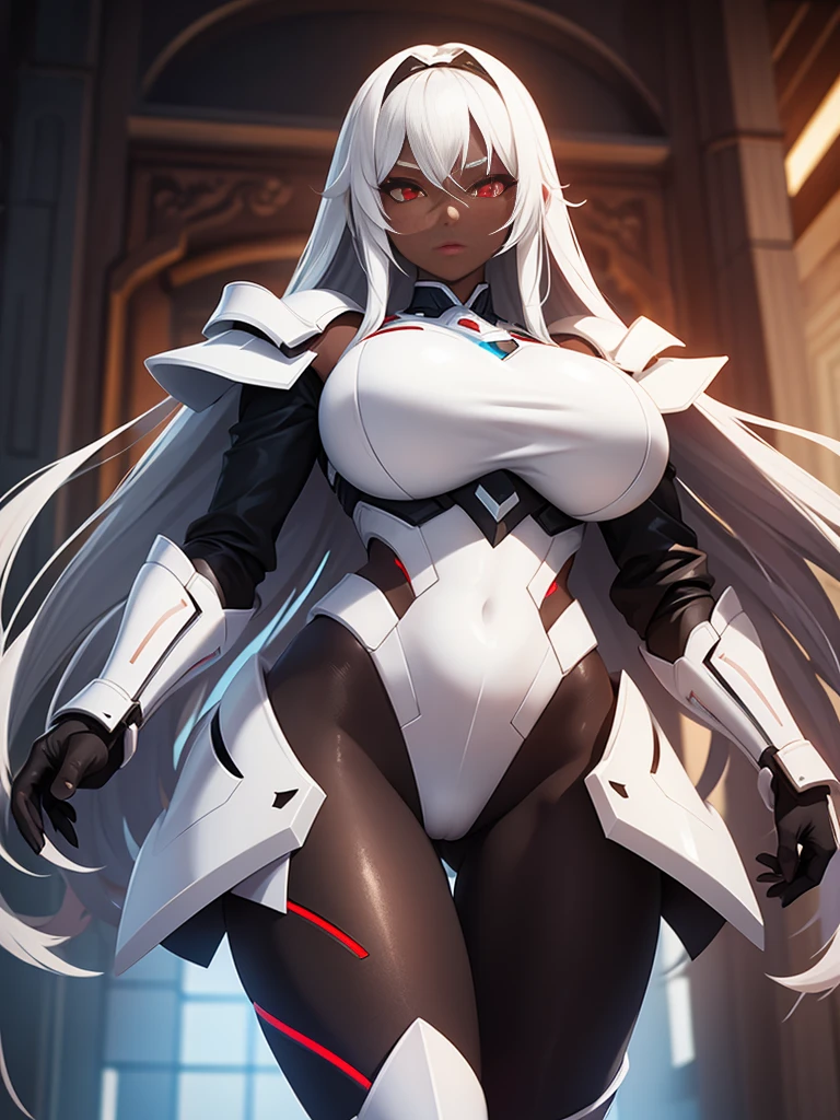 girl, With big breasts, with futuristic white armor, Red eyes, for white, dark ebony skin