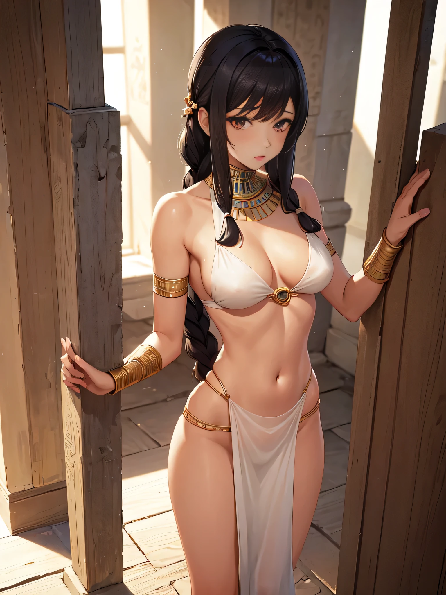Amani is a young slave with tanned white skin, 15 years, with almond eyes and long dark braided hair dressed only in a thin white linen tunic in the style of ancient Egypt.. ancient age year 3000 BC. Her figure is slim and elegant, and has tattoos of Egyptian symbols on his arms and neck, pose sexy, ((They are sex slaves and nymphomaniac whores)), random sex angle