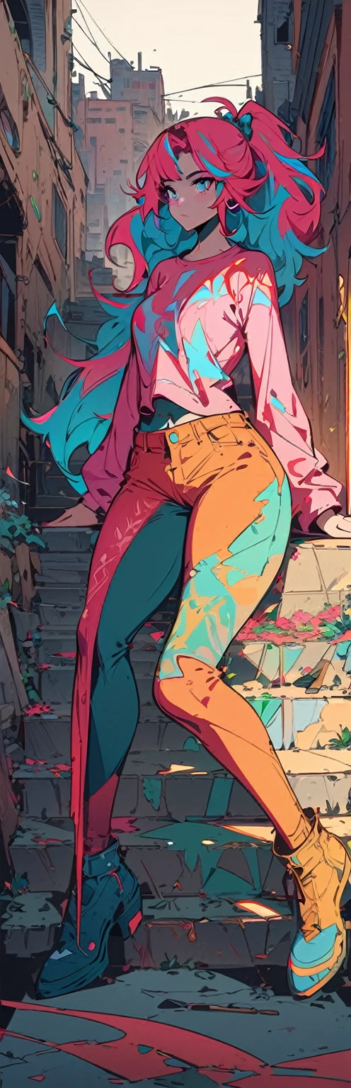 (artwork, better quality:1.2), 1 girl, Alone,standing_to divide,
(Evelynn), with the face of (zendaya:Dua Lipa), sitting on some stairs, Ripped jeans, T-shirt, ((He lifts his shirt)) , slightly muscular, Beautiful anime waifu style girl, Hyper-detailed painting, luminismo, Conceptual art of Carne Griffiths and Wadim Kashin, post-apocalyptic background, abstract beauty, nearing perfection, pure form, golden ratio, minimalist, dark atmosphere, unfinished, conceptual art, intricate details, 8k post-production, High resolution, hyperdetailed, trends on Artstation, sharp focus, studio photo, intricate details, Highly detailed, by Jon Bauer
