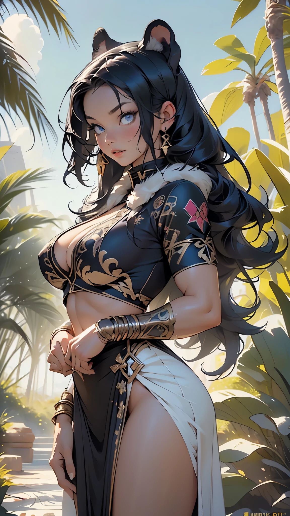 panther girl from ancient Egypt,(((panther woman,anthro furry cute,panther female warrior,panther-girl))),

(((panther ears,panther ears on head,big panther ears))),(large breasts:1.4,),(((absurdly long unkept hair,dark hair,black hair,very long hair,voluminous hair,Thick hair,Dense hair,long hair,colored inner hair))),(((eyes_green:1.3))),intricate eyes,beautiful detailed eyes,symmetrical eyes,(((lustrous skin:1.5,tanned skin,bright skin: 1.5,skin tanned,shiny skin,very shiny skin,shiny body))),spider lower abdomen,narrow waist,wide hip,athletic body,inflated legs,thick thighs),(((muscle legs,muscular thighs,muscular girl,strong and muscular,bodybuilder,strong body,muscular,feminine and muscular,ABS))),(huge stature,tall stature,very tall girl),(delicate detailed fingers),(((detailed face))),beautiful detailed lips,

cute,slutty,sensual,seductive look,(((nsfw))),
 
(((huge cleavage))),revealing clothes,show skin,((underboob)),(barefoot),tribal,((((extravagant legendary fur clothing)))),((thin dress)),revealing clothes,((purple clothes,wet clothes,intricate outfit,embroidered outfit,ornate outfit)),

dynamic pose,looking at viewer,angry,centered,scale to fit dimensions,Rule of thirds,

outdoors,(egyptian desert,egyptian desert background,pyramids in the background),scenery,extremely scenery,clouds,Egypt style,palms,(sunset, golden hour),

(Glossy Egyptian ornaments),highres,sharp focus,(ultra detailed,extremely detailed),(photorealistic artwork:1.37),(extremely detailed CG unity 8k wallpaper),(((vibrant colors,vibrant theme))),(intricate),(masterpiece),(best quality),artistic photography,(photography taken by sldr),(intricate background),perfect rendered face,perfect face details,realistic face,photo realistic,((intricate detail)),(((realism))),
