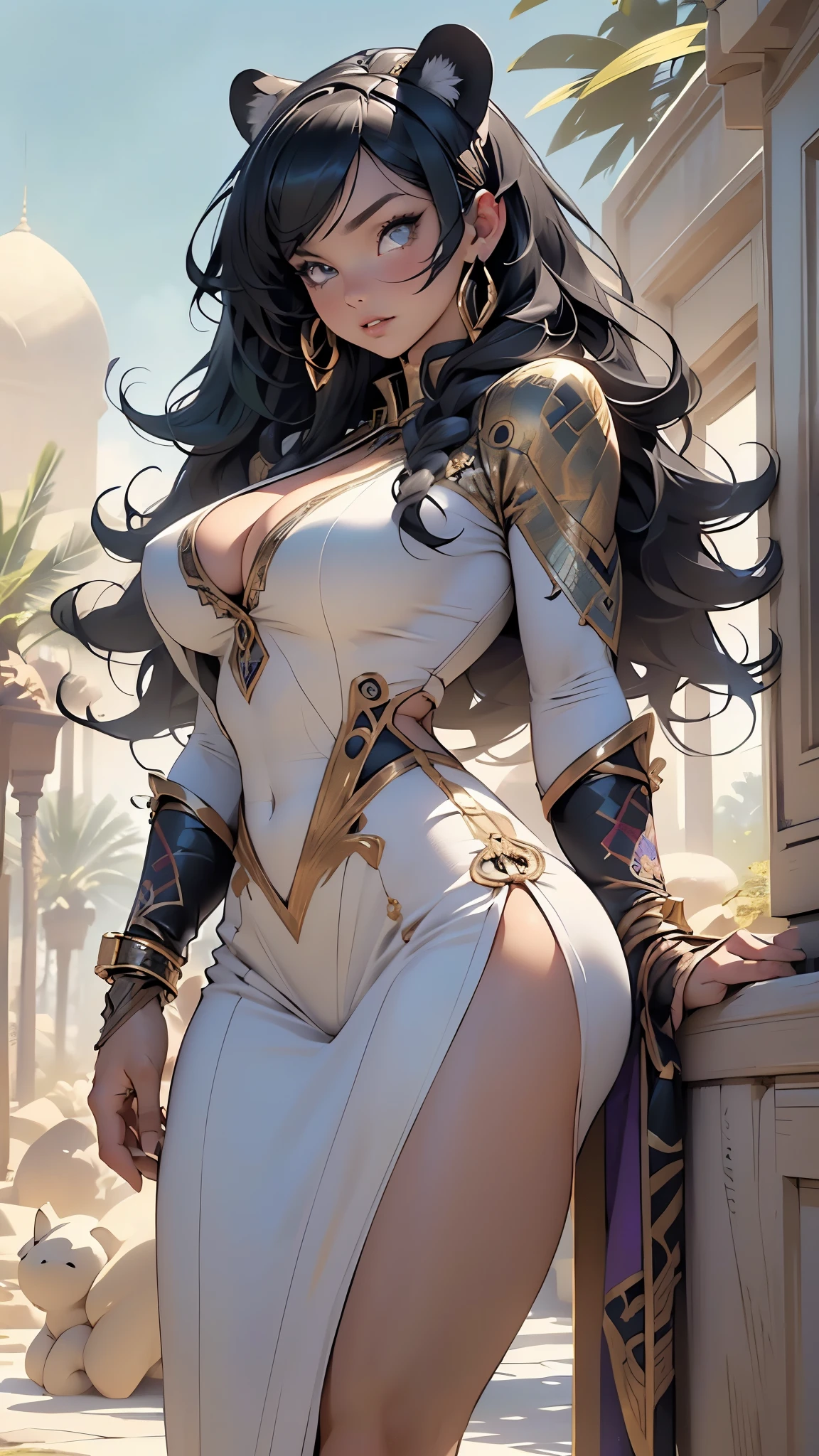 panther girl from ancient Egypt,(((panther woman,anthro furry cute,panther female warrior,panther-girl))),
(((panther ears,panther ears on head,big panther ears))),(large breasts:1.4,),(((absurdly long unkept hair,dark hair,black hair,very long hair,voluminous hair,Thick hair,Dense hair,long hair,colored inner hair))),(((eyes_green:1.3))),intricate eyes,beautiful detailed eyes,symmetrical eyes,(((lustrous skin:1.5,tanned skin,bright skin: 1.5,skin tanned,shiny skin,very shiny skin,shiny body))),spider lower abdomen,narrow waist,wide hip,athletic body,inflated legs,thick thighs),(((muscle legs,muscular thighs,muscular girl,strong and muscular,bodybuilder,strong body,muscular,feminine and muscular,ABS))),(huge stature,tall stature,very tall girl),(delicate detailed fingers),(((detailed face))),beautiful detailed lips,
cute,slutty,sensual,seductive look,(((nsfw))),
(((huge cleavage))),revealing clothes,show skin,((underboob)),(barefoot),tribal,((((extravagant legendary fur clothing)))),((thin dress)),revealing clothes,((purple clothes,wet clothes,intricate outfit,embroidered outfit,ornate outfit)),
dynamic pose,looking at viewer,angry,centered,scale to fit dimensions,Rule of thirds,
outdoors,(egyptian desert,egyptian desert background,pyramids in the background),scenery,extremely scenery,clouds,Egypt style,palms,(sunset, golden hour),
(Glossy Egyptian ornaments),highres,sharp focus,(ultra detailed,extremely detailed),(photorealistic artwork:1.37),(extremely detailed CG unity 8k wallpaper),(((vibrant colors,vibrant theme))),(intricate),(masterpiece),(best quality),artistic photography,(photography taken by sldr),(intricate background),perfect rendered face,perfect face details,realistic face,photo realistic,((intricate detail)),(((realism))),