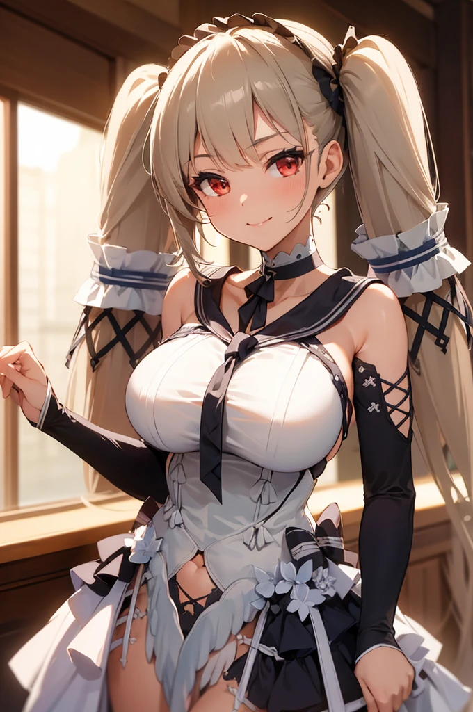 (masterpiece, best quality:1.2), cowboy shot, solo, 1girl, formidable \(timeless classics\) \(azur lane\), smile, looking at viewer, long hair, twintails, red eyes, large breasts