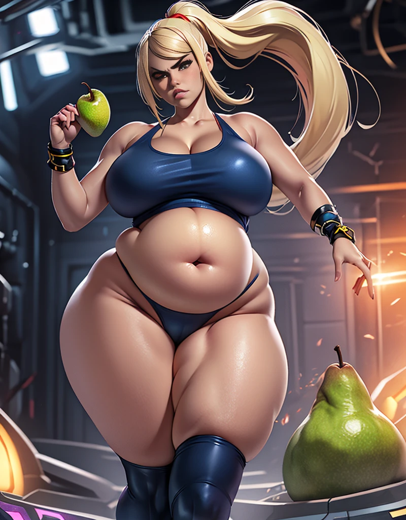 1milf, pear shaped, pear shape figure, bottom heavy, wide hips, incredibly wide hips, thick thighs, incredibly thick thighs, plump, incredibly plump, bent over, looking at viewer, angry, annoyed, tank top, panties, wide, hyper, belly hanging, massive belly, fat thighs, skindentation