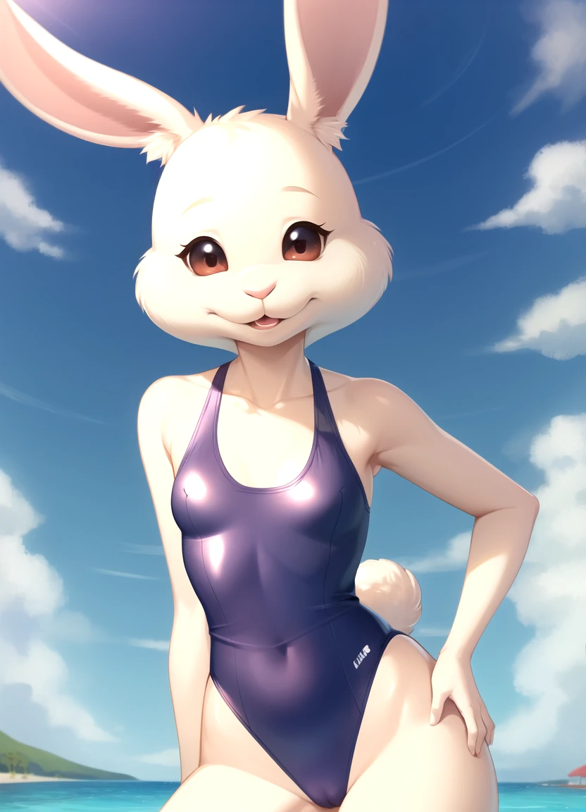 Haru, Small hairy female anthro, rabbit girl, small breasts, small swimsuit